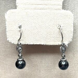 Hematite Marcasite Drop Earrings Silver Tone Dangle Earrings